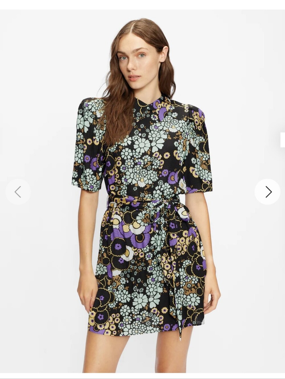 Ted Baker Black Floral Tie-Waist Mini Dress with Purple & Pale Blue Accents